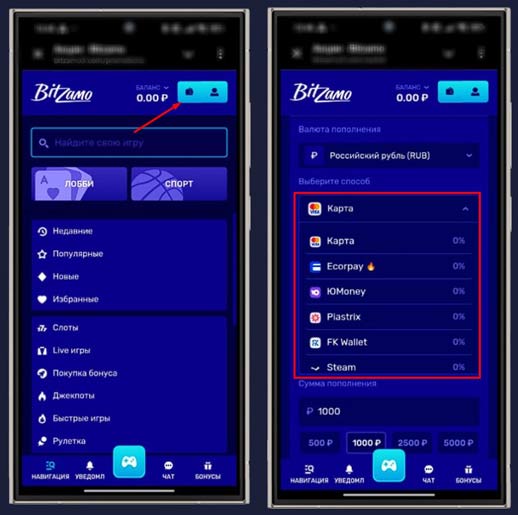 Способы оплаты в Bitzamo Casino